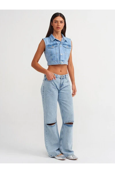 71500 Knee Cut Wide Leg Denim Pants - Blue - 5