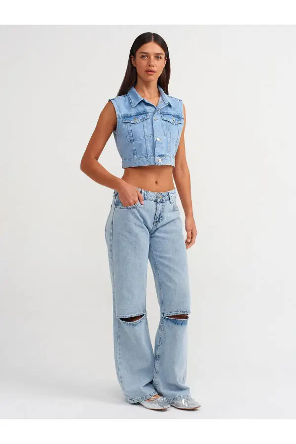 71500 Knee Cut Wide Leg Denim Pants - Blue - 5