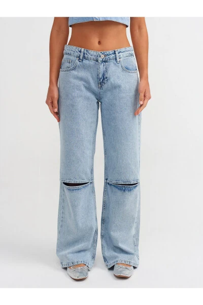 71500 Knee Cut Wide Leg Denim Pants - Blue - 3