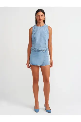 71508 Kruvaze Denim Short Etek-Moviy-Moviy 