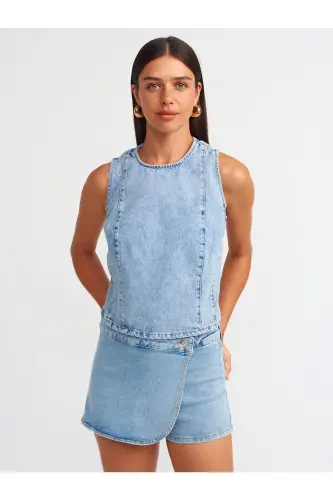 71508 Kruvaze Denim Short Etek-Moviy-Moviy - 3