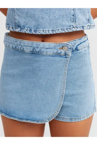 71508 Kruvaze Denim Short Etek-Moviy-Moviy - 4