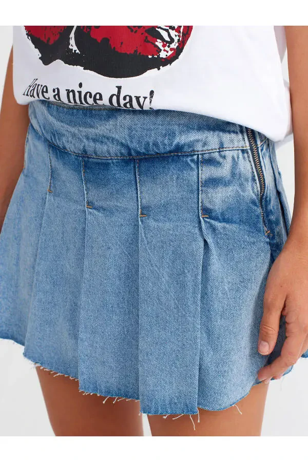 71672 Yon tomondan fermuarlı burmali denim shortish ko'ylak - Ko'k - 4