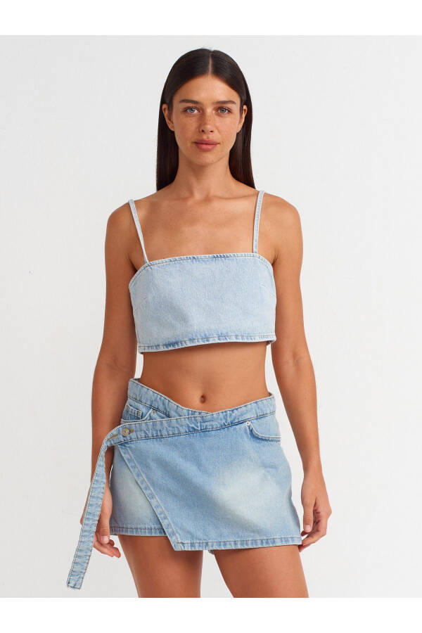 71673 Long Denim Shorts Skirt with Belt - Blue - 15