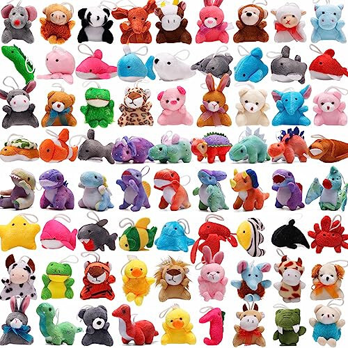 72 Pack Mini Stuffed Animal, Assorted Plush Toy (Dinosaur, Zoo, Ocean), Party Favors for Kid, Perfect for Claw Machine Filler, Goody Bag Stuffers, Keychain, Carnival Prizes, Classroom Reward Gift Bulk - 46