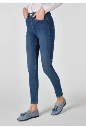Super Slim Fit Orta Bel Süper Dar Paça Kadın Indigo Jean Pantolon - 4