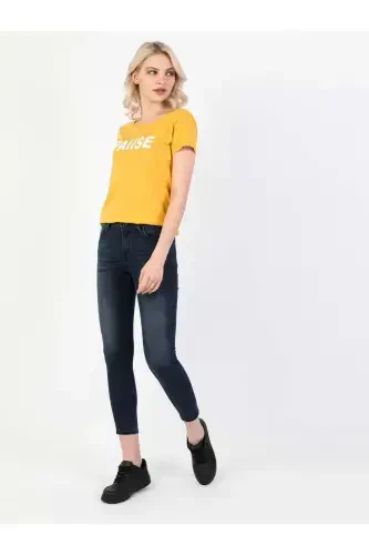 759 Lara O'rta Bel Tor To'g'ri Super Slim Fit Qorong'i Ko'k Ayollar Jins Shimini - 3