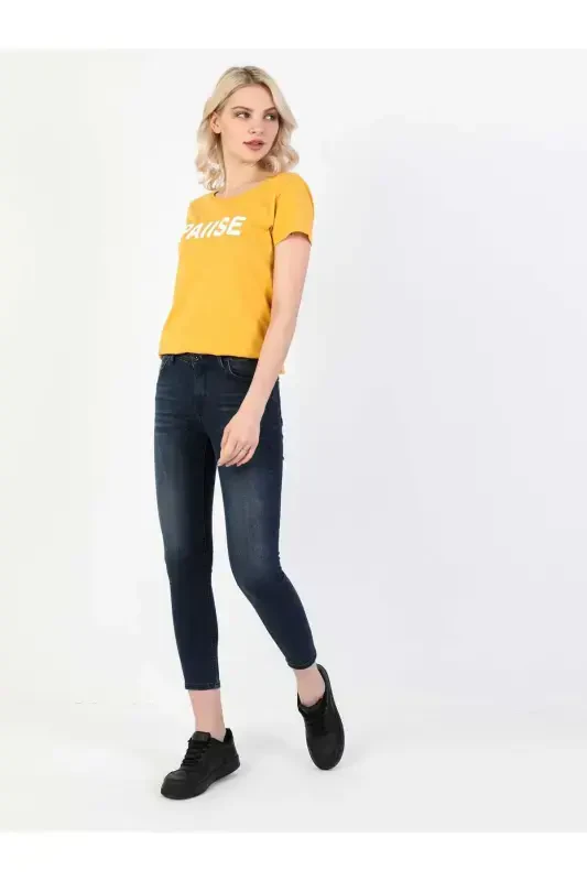 759 Lara O'rta Bel Tor To'g'ri Super Slim Fit Qorong'i Ko'k Ayollar Jins Shimini - 3