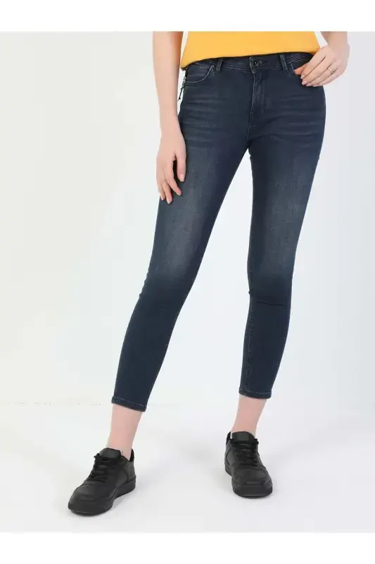 759 Lara O'rta Bel Tor To'g'ri Super Slim Fit Qorong'i Ko'k Ayollar Jins Shimini - 4