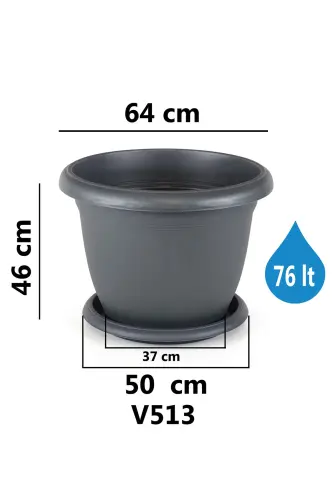 76 Litre Antrasit Gri Tabaklı Mat Plastik Battal Boy Yuvarlak Saksı Villa No13 Ø64x46cm-76L - TOXA (1)