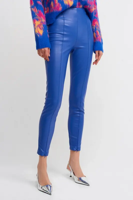 7866 Faux Leather Pants with Zipper-sax-Sax - 7