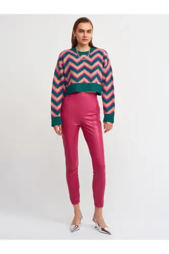 7866 Zippered Faux Leather Pants-fuchsia-Fuchsia - 1