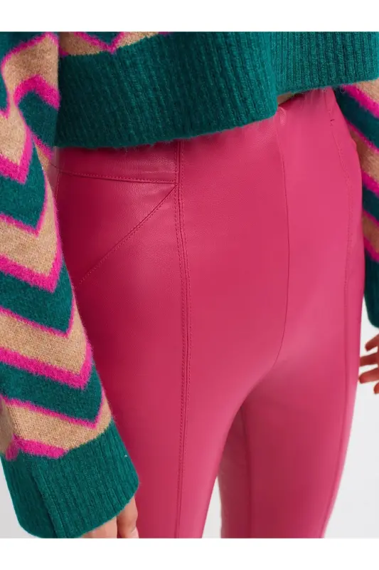 7866 Zippered Faux Leather Pants-fuchsia-Fuchsia - 4