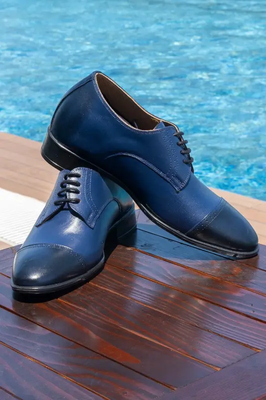 El Yapımı Lacivert Renk Oxford Model 7 Cm Boy Uzatan Gizli Topuk Ayakkabı Damatlık Kundura - Lacivert - 1