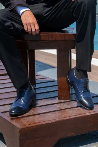 El Yapımı Lacivert Renk Oxford Model 7 Cm Boy Uzatan Gizli Topuk Ayakkabı Damatlık Kundura - Lacivert - 3