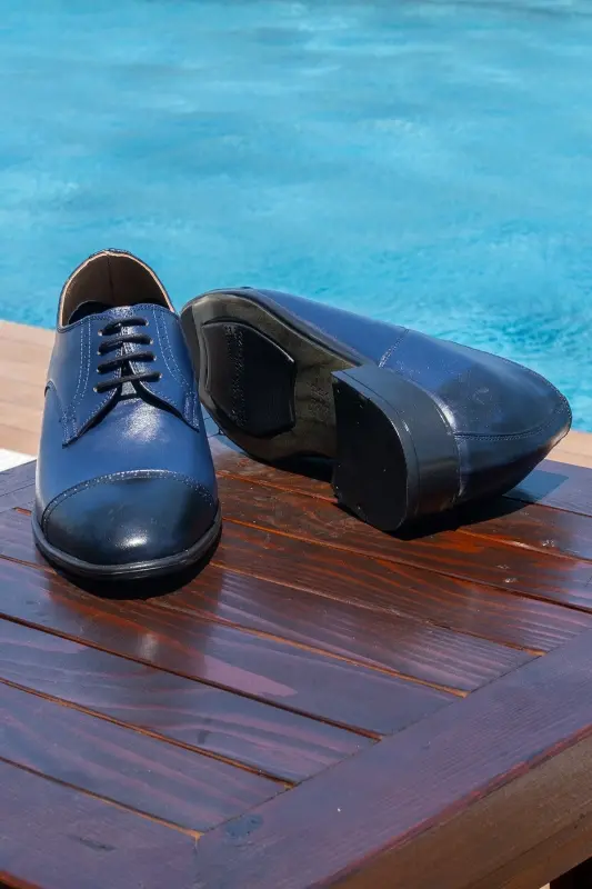 El Yapımı Lacivert Renk Oxford Model 7 Cm Boy Uzatan Gizli Topuk Ayakkabı Damatlık Kundura - Lacivert - 4