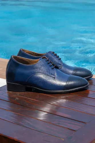 El Yapımı Lacivert Renk Oxford Model 7 Cm Boy Uzatan Gizli Topuk Ayakkabı Damatlık Kundura - Lacivert - 5
