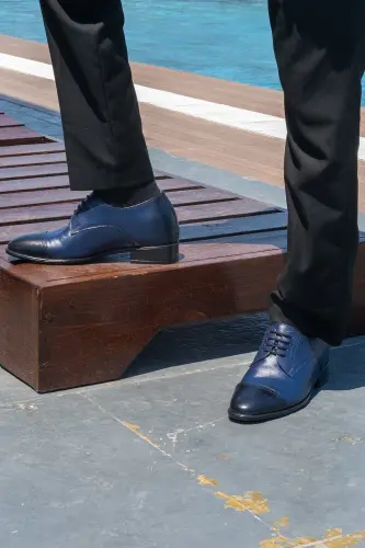 El Yapımı Lacivert Renk Oxford Model 7 Cm Boy Uzatan Gizli Topuk Ayakkabı Damatlık Kundura - Lacivert - 6