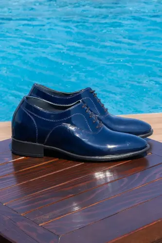 Yapımı Hakiki Deri Özel Koleksiyon Rugan 7 Cm Boy Uzatan Gizli Topuk Klasik Ayakkabı Damatlık-Lacivert - 1