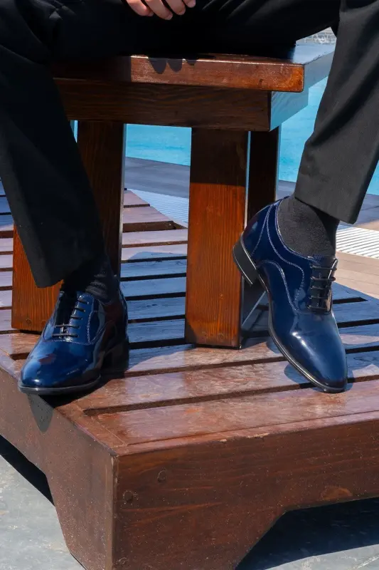 Yapımı Hakiki Deri Özel Koleksiyon Rugan 7 Cm Boy Uzatan Gizli Topuk Klasik Ayakkabı Damatlık-Lacivert - 5