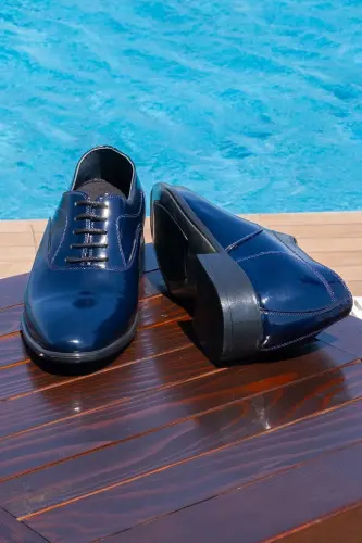 Yapımı Hakiki Deri Özel Koleksiyon Rugan 7 Cm Boy Uzatan Gizli Topuk Klasik Ayakkabı Damatlık - Lacivert - 3