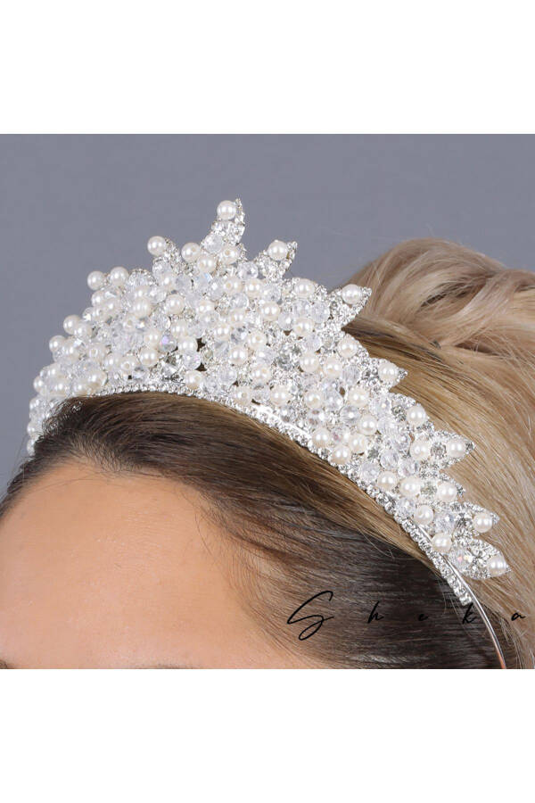 7cm High Crystal Stone and Pearl, Bridal Crown, Princess Model Crown - 4