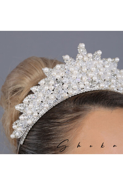 7cm High Crystal Stone and Pearl, Bridal Crown, Princess Model Crown - 5