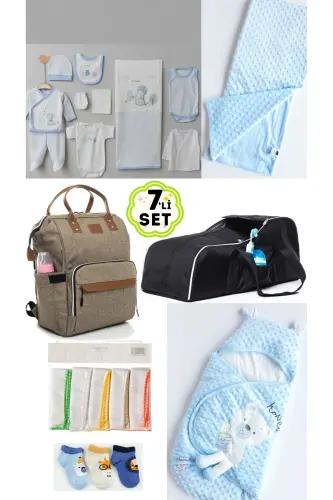 7’Li BÜYÜK DOĞUM SETİ (10LU HASTANE ÇIKIŞI, ÇANTA, PORTBEBE, KUNDAK, BATTANİYE, MENDİL VE ÇORAP SET) - BEJ-SİYAH-BUZ MAVİ 