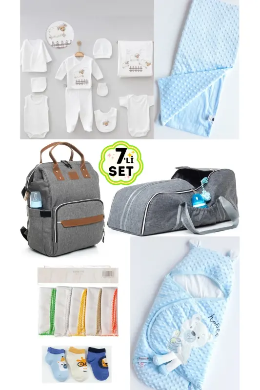 7'LI BÜYÜK DOĞUM SETİ (10'LU HASTANE ÇIKIŞI, ÇANTA, PORTBEBE, KUNDAK, BATTANİYE, MENDİL VE ÇORAP SET)-GRİ - 1