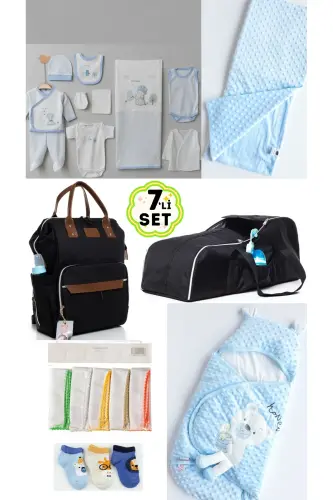 7'LI BÜYÜK DOĞUM SETİ (10LU HASTANE ÇIKIŞI, ÇANTA, PORTBEBE, KUNDAK, BATTANİYE, MENDİL VE ÇORAP SET)-SİYAH 