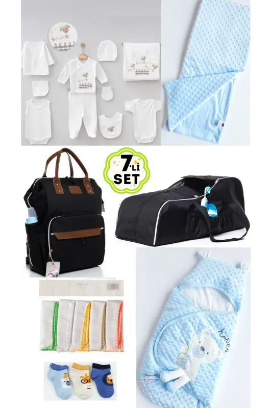 7’Li BÜYÜK DOĞUM SETİ (10LU HASTANE ÇIKIŞI, ÇANTA, PORTBEBE, KUNDAK, BATTANİYE, MENDİL VE ÇORAP SET)-SİYAH - BOMBINOO