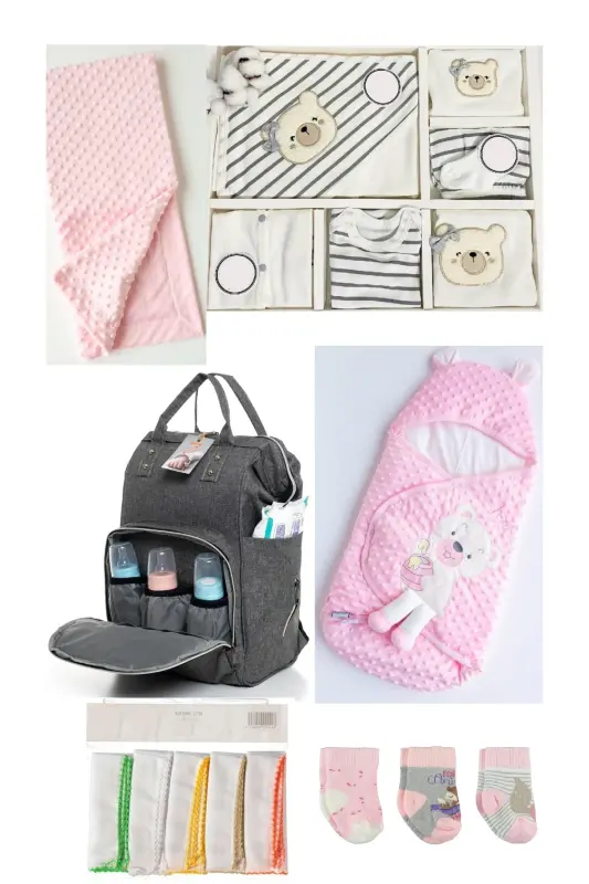 7'LI LOVELY BEARS BIRTH SET (10 PCS HOSPITAL OUTFIT, BAG, CARRIER, SWADDLE, BLANKET, CLOTH, SOCK SET)-GRAY - BOMBINOO