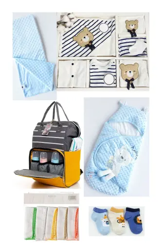 7’LI SEVIMLI AYILAR DOĞUM SETI (10 LU HASTANE ÇIKIŞ,ÇANTA,PORTBEBE,KUNDAK,BATTANIYE,MENDIL,ÇORAP SET)-BEJ - 1