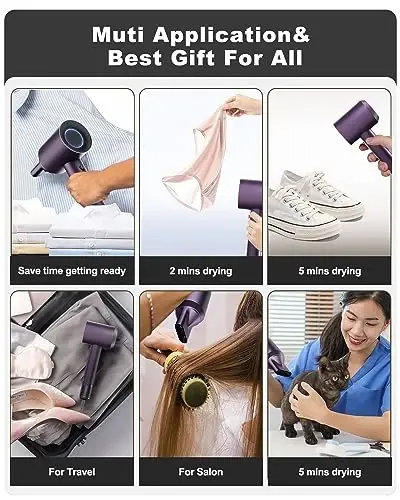 7MAGIC High-Speed Hair Dryer, 110,000RPM Brushless Motor for Fast Drying, 1400W Blow Dryer with Tri-Colour LED Light Ring, Low Noise Ionic Hair Dryer for Home and Travel, Magnetic Nozzle, Purple - 5