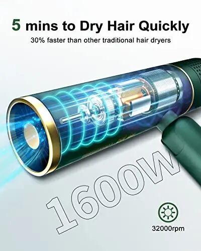 7MAGIC Fast-Drying Hair Dryer, Foldable Ionic with Storage Bag for Travel, Lightweight Portable Hairdryer for Women & Men, Negative, 2 Heating/Cold/2 Speed Settings, Green - 2