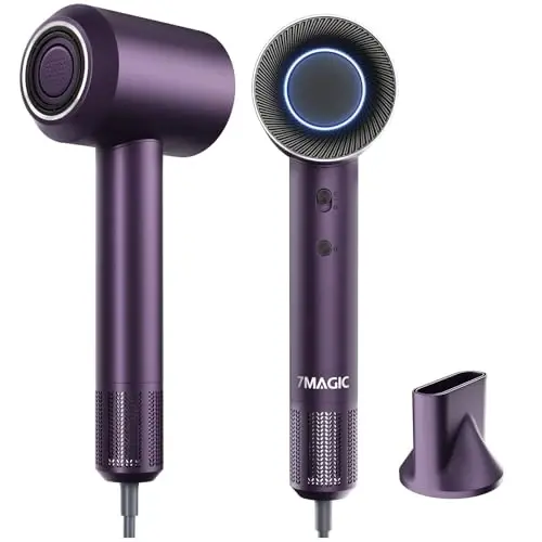 7MAGIC High-Speed Hair Dryer, 110,000RPM Brushless Motor for Fast Drying, 1400W Blow Dryer with Tri-Colour LED Light Ring, Low Noise Ionic Hair Dryer for Home and Travel, Magnetic Nozzle, Purple - 1