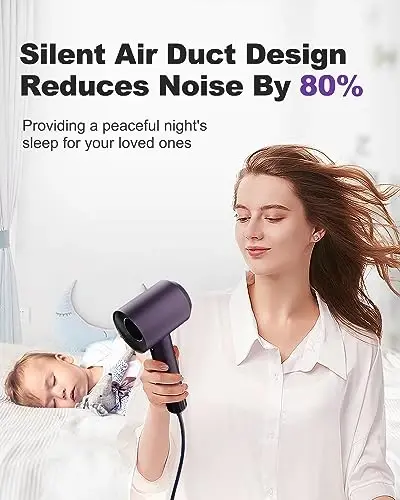 7MAGIC High-Speed Hair Dryer, 110,000RPM Brushless Motor for Fast Drying, 1400W Blow Dryer with Tri-Colour LED Light Ring, Low Noise Ionic Hair Dryer for Home and Travel, Magnetic Nozzle, Purple - 4