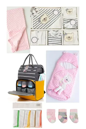 7'S CUTE BEARS BIRTH SET (10 PCS HOSPITAL GOING, BAG, BABY CARRIER, SWADDLE, BLANKET, HANKY, SOCKS SET) - BEIGE-TAN-PINK-BLACK 
