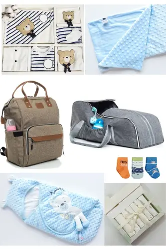 7'S CUTE BEARS BIRTH SET (10 PCS HOSPITAL OUTFIT, BAG, BABY CARRIER, SWADDLE, BLANKET, CLOTH, SOCK SET)-BEIGE 