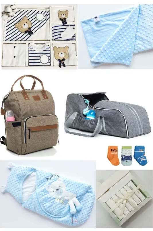 7'S CUTE BEARS BIRTH SET (10 PCS HOSPITAL OUTFIT, BAG, BABY CARRIER, SWADDLE, BLANKET, CLOTH, SOCK SET)-BEIGE - 1