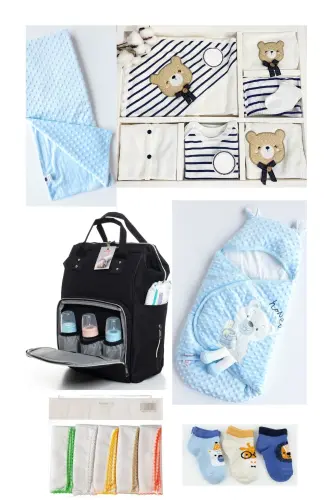 7's CUTE BEARS BIRTH SET (10 PCS HOSPITAL OUTFIT,BAG,BABY CARRIER,SWADDLE,BLANKET,CLOTH,SOCK SET)-GRAY 