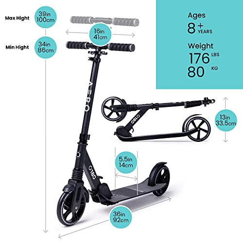 8-12 yoshli bolalar, o'spirinlar va kattalar uchun Aero katta g'ildirakli scooter. Qo'l tormozi, rezina gilamcha, zarba yutish, katlanuvchi va balandligi sozlanadigan kattalar scooterlari - 2