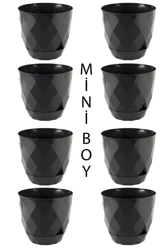 8 Adet Küçük Boy Parlak Renkli Baklava Desenli Tabaklı Plastik Saksı Yakamoz No 0 Mini Boy. 0.30 Litre - Siyah - 1
