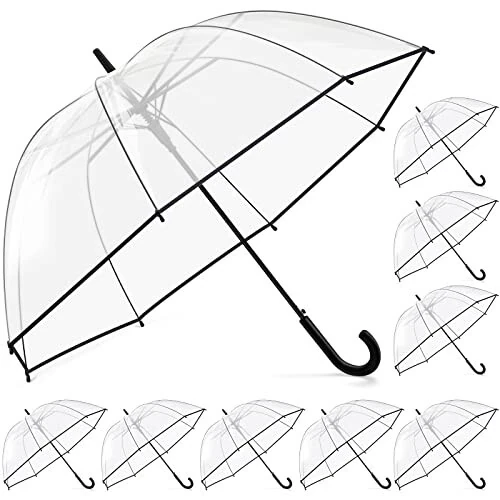 8 Pieces Clear Bubble Umbrella - Auto Open Dome Windproof for Rain, Wedding, Bride Groom Gifts, Bridal Party, Outing, Graduation, Prom - Transparent With J Hook Handle - Fabbay