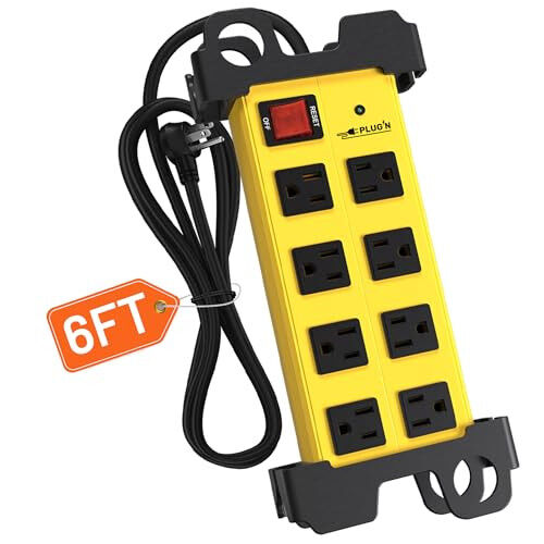 Plug'n 8 Outlet Heavy Duty Power Strip,Wide Spacing,Workshop Surge Protector 2700J with 6FT Extension Cord,Industrial Metal Power Strip 15Amp,Yellow Wall Mount Power for Garage,Office - Plug'n