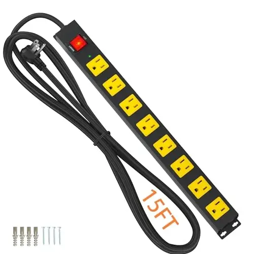 8 Outlet Power Strip 2100J Surge Protector, 15FT Heavy Duty Extension Cord Wide Spaced Outlet and Wall Mount Metal Powerstrip for Home Office Garage Workshop - PLUG'N