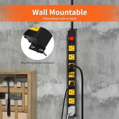 8 Outlet Long Power Strip, 2Pack 2100J Surge Protector Heavy Duty 6FT Cord Wide Spaced and Wall Mount Metal Powerstrip for Home Office Garage Workshop - 2