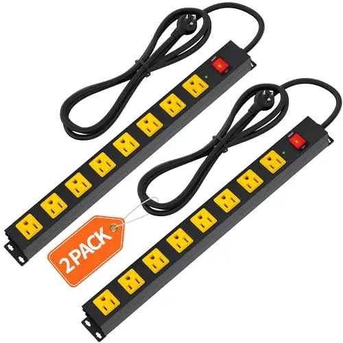 8 Outlet Long Power Strip, 2Pack 2100J Surge Protector Heavy Duty 6FT Cord Wide Spaced and Wall Mount Metal Powerstrip for Home Office Garage Workshop - PLUG'N