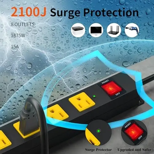 8 Outlet Long Power Strip, 2Pack 2100J Surge Protector Heavy Duty 6FT Cord Wide Spaced and Wall Mount Metal Powerstrip for Home Office Garage Workshop - 5