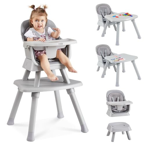 8 in 1 Baby High Chair with Removable Tray, Multifunctional High Chair for Babies and Toddlers, Converts Kids Table & Chair Set/Toddler Building Block Table/Step Stool/Small Dining Chair (Grey) - 31